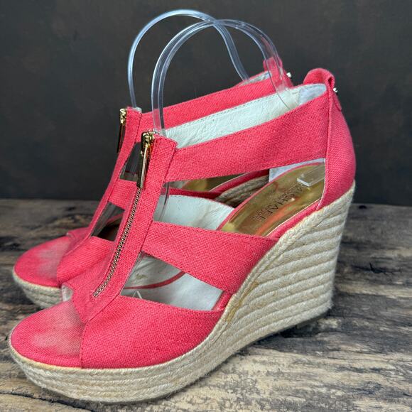 Michael Kors Coral Canvas Espadrille Wedge Sandals Women’s 8M Gold Zip Platform - Picture 6 of 13